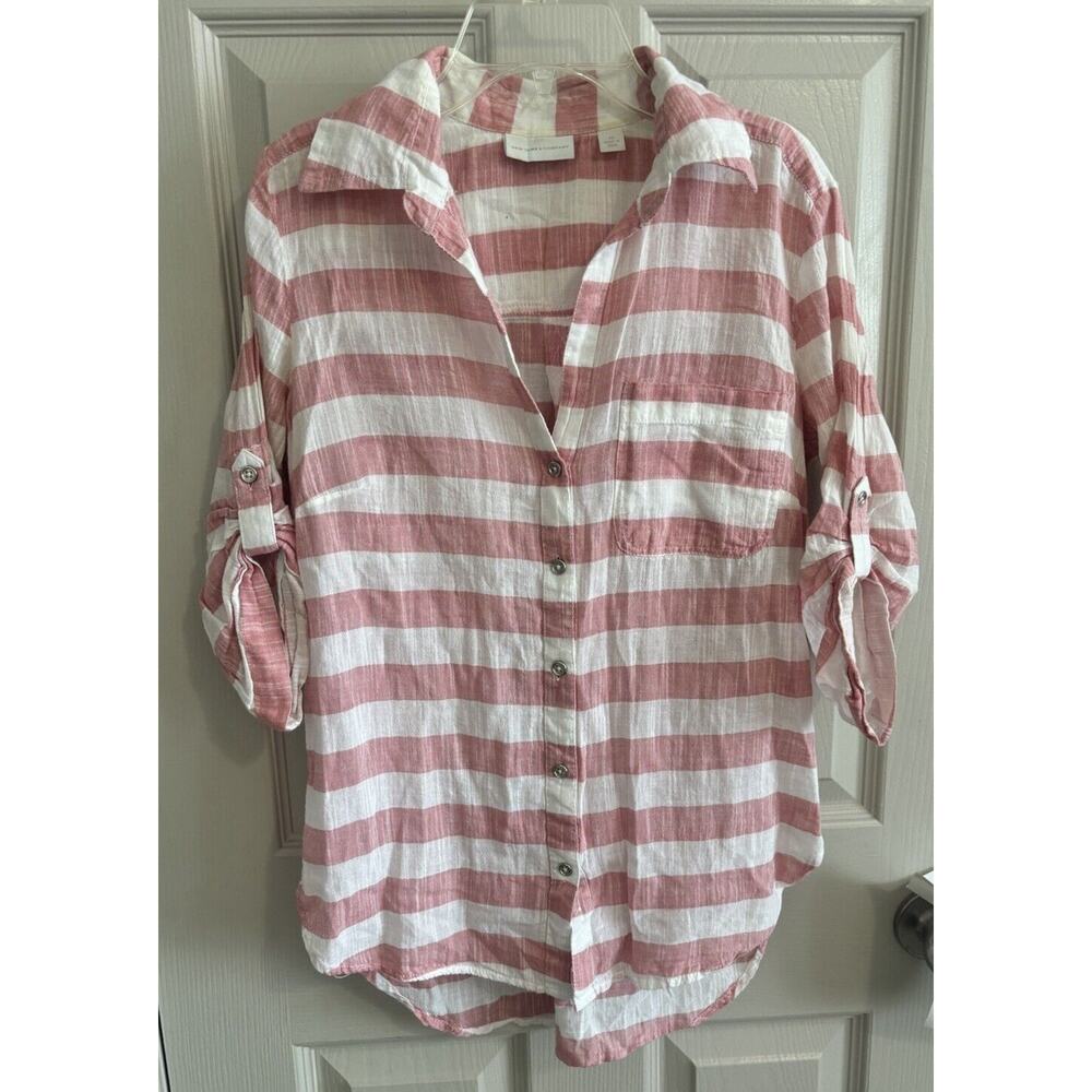New York And Company Striped Shirt Red White XS 3/4 Tab‎ Sleeve Preppy